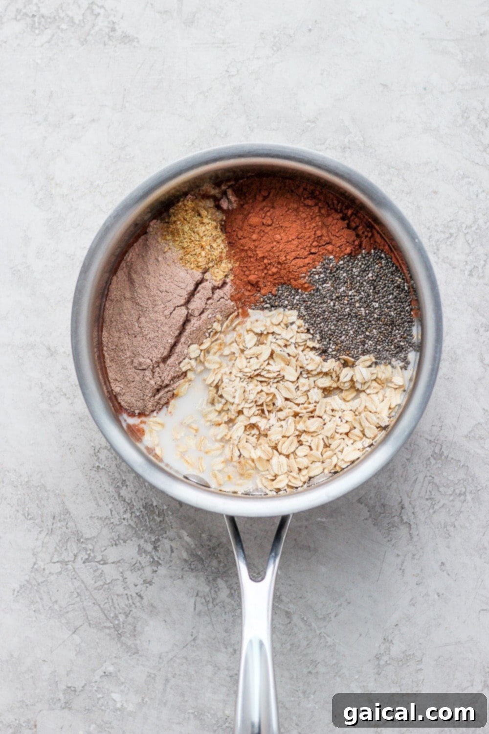 Chocolate Protein Oatmeal Ingredients in Pot A medium saucepan filled with all the ingredients for chocolate protein oatmeal, ready to be cooked on the stove. The mixture looks thick and promising.