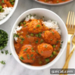 Tikka Masala Meatballs in a bowl, a close-up overhead shot showing the rich sauce and tender meatballs.