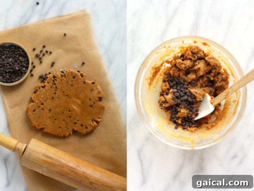 Prepare your healthy vegan cookie dough with ease. Vegan cookie dough in a bowl, with a small rolling pin, ready to be shaped into bites.