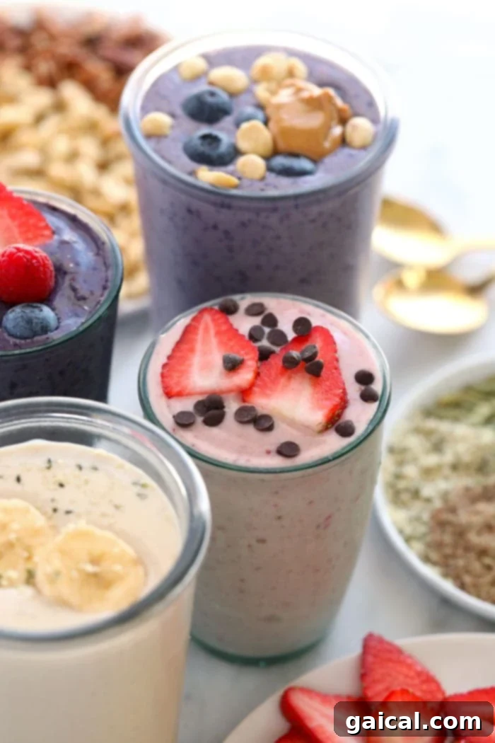 Four vibrant protein shakes in different glasses, showcasing a variety of colors and textures, ready to be enjoyed.