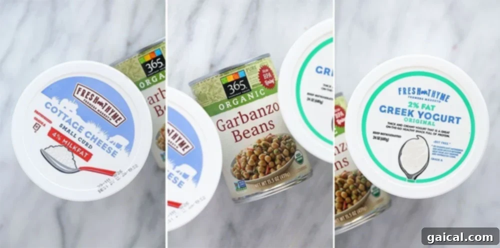 An assortment of protein-rich foods, including Greek yogurt, cottage cheese, and a variety of beans, excellent for blending into shakes.