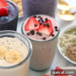 A delicious basic protein shake in a clear glass, garnished with fruit, ready to drink.