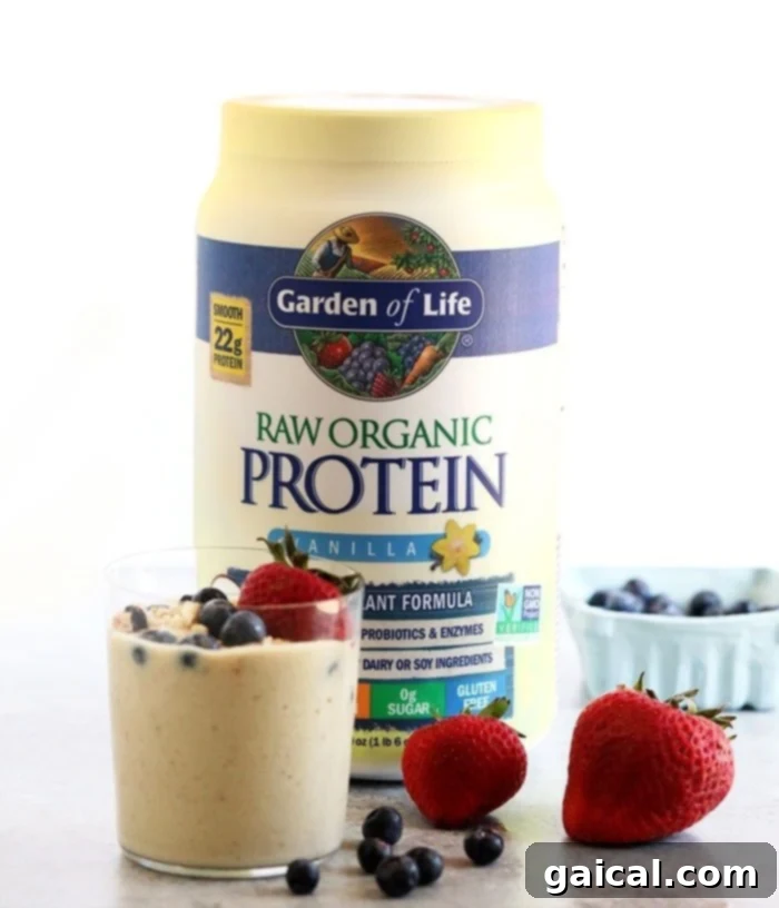 A container of Garden of Life vanilla protein powder, a popular choice for enhancing protein shakes.