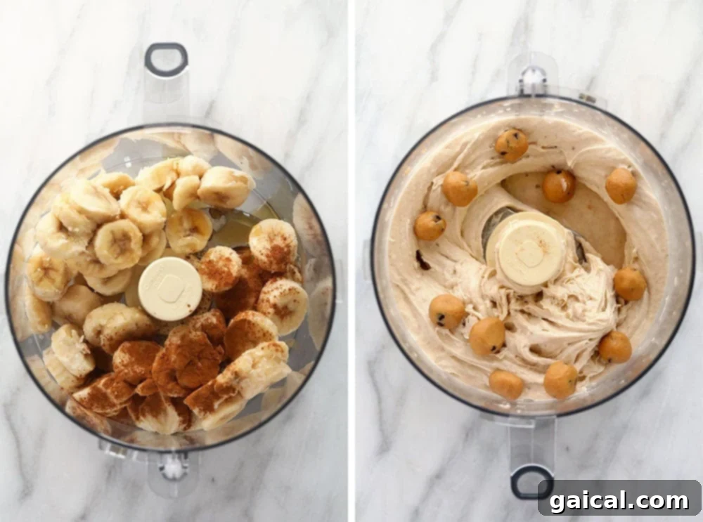 Cookie Dough Banana Bliss 4 Frozen banana slices, ground cinnamon, and maple syrup, the key ingredients for banana nice cream, gathered in a high-speed food processor bowl, ready for blending.