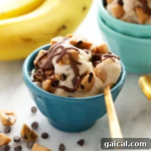 Two bowls of banana nice cream with chocolate chips, garnished with fresh berries and chocolate sauce.