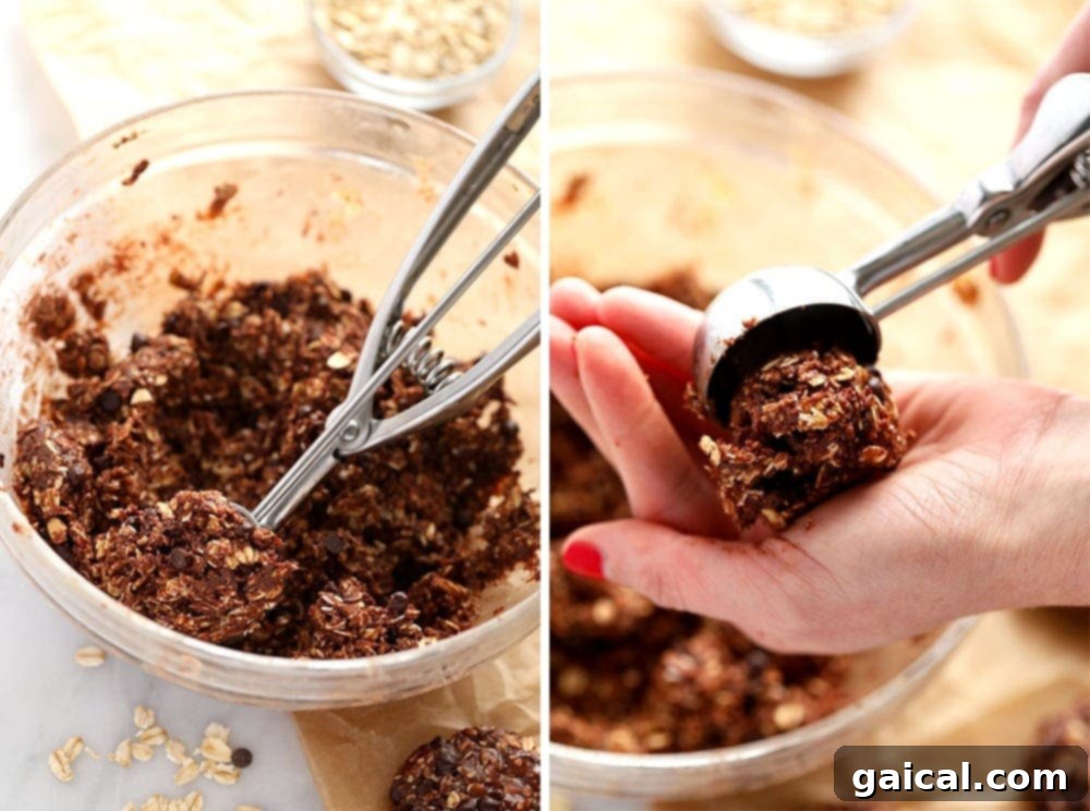 How to Form No-Bake Chocolate Oatmeal Cookies Hands forming no-bake chocolate oatmeal cookies into round shapes.
