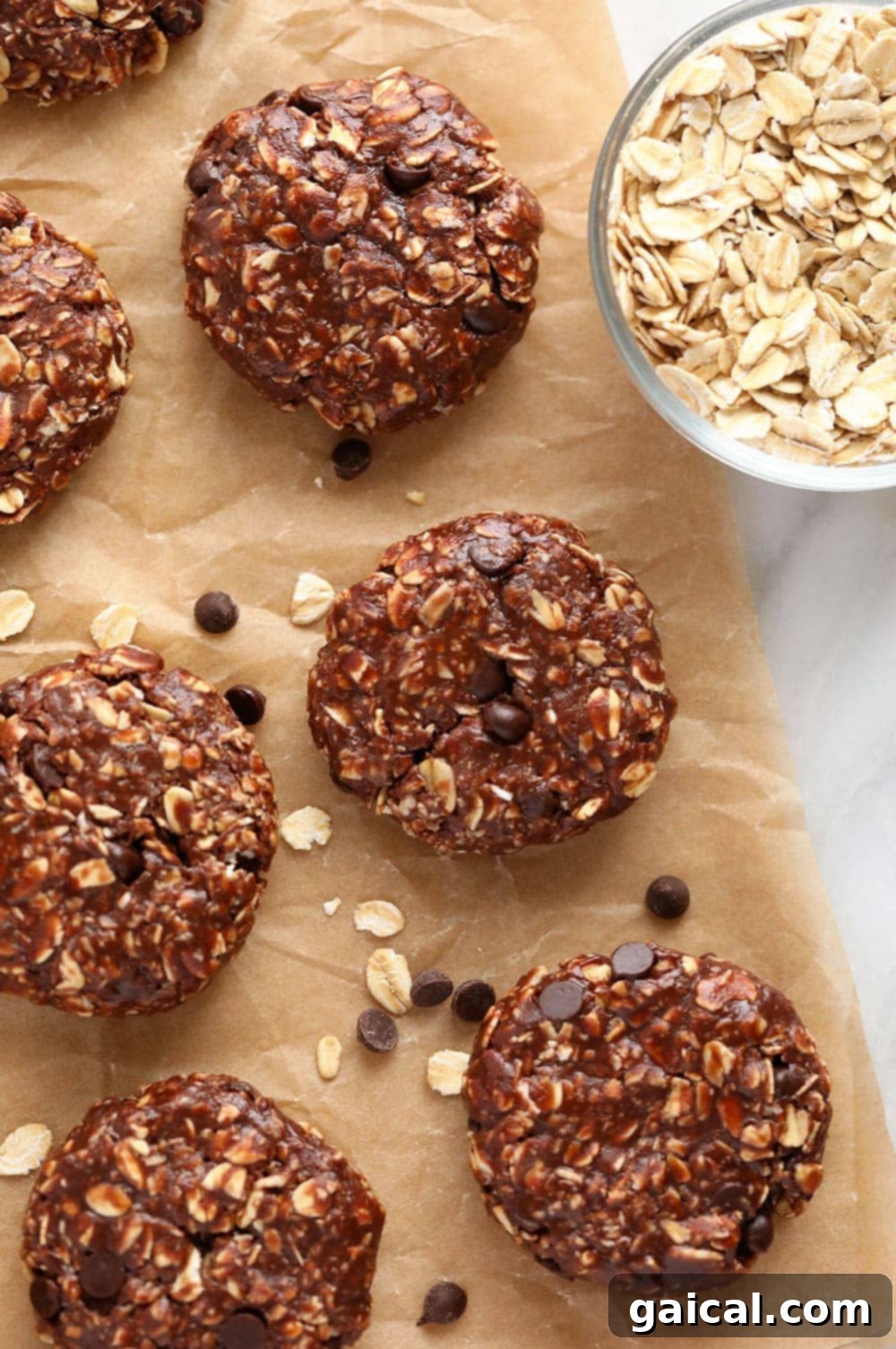 Ready-to-Eat No-Bake Chocolate Oatmeal Cookies A stack of delicious no-bake chocolate oatmeal cookies, ready to be eaten.