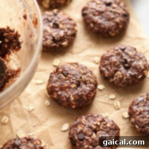 Fudgy No-Bake Chocolate Oat Delights 2 No bake chocolate oatmeal cookies arranged on a baking sheet.