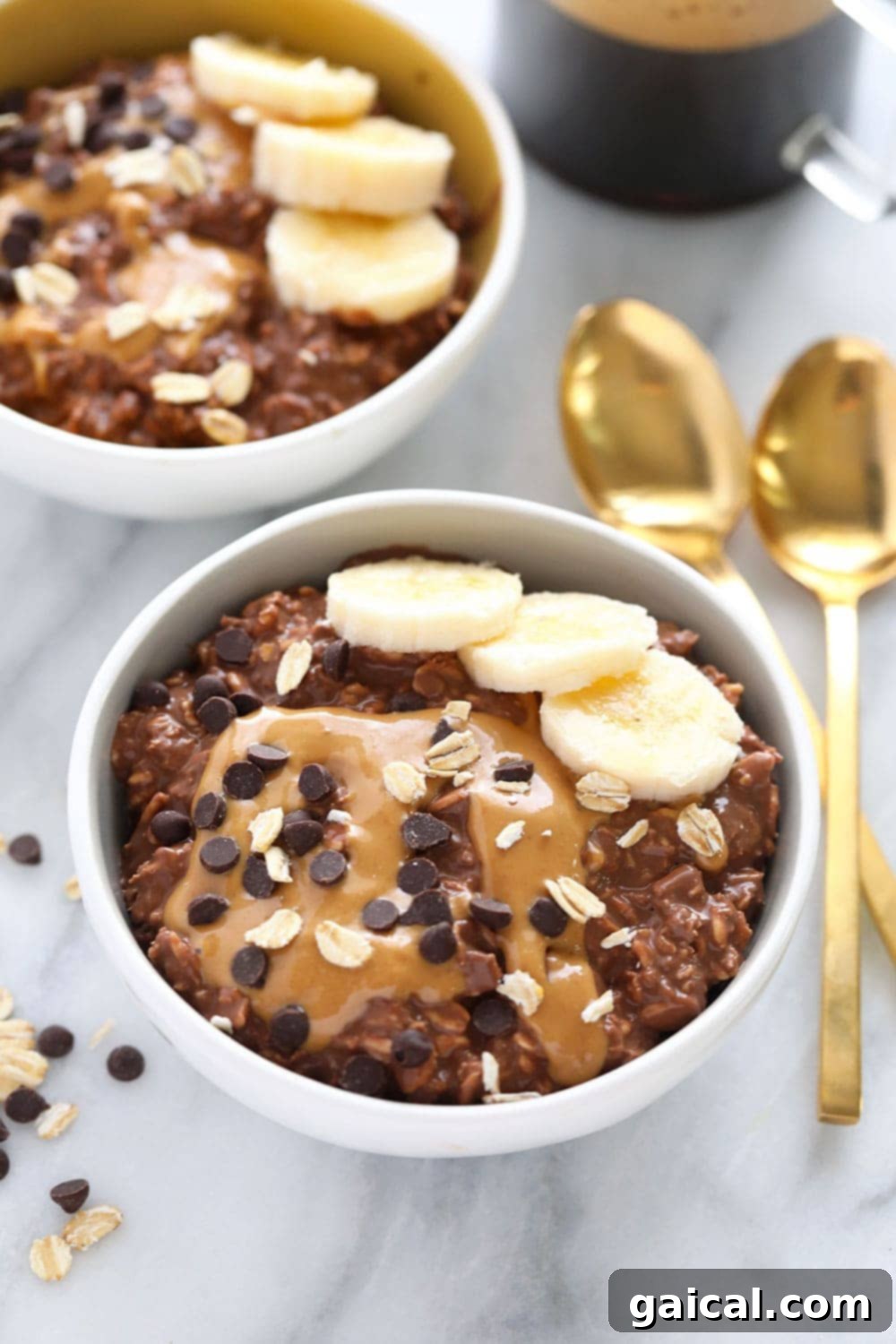 A bowl of delicious Chocolate Peanut Butter Overnight Oats, ready to be enjoyed as a healthy breakfast.
