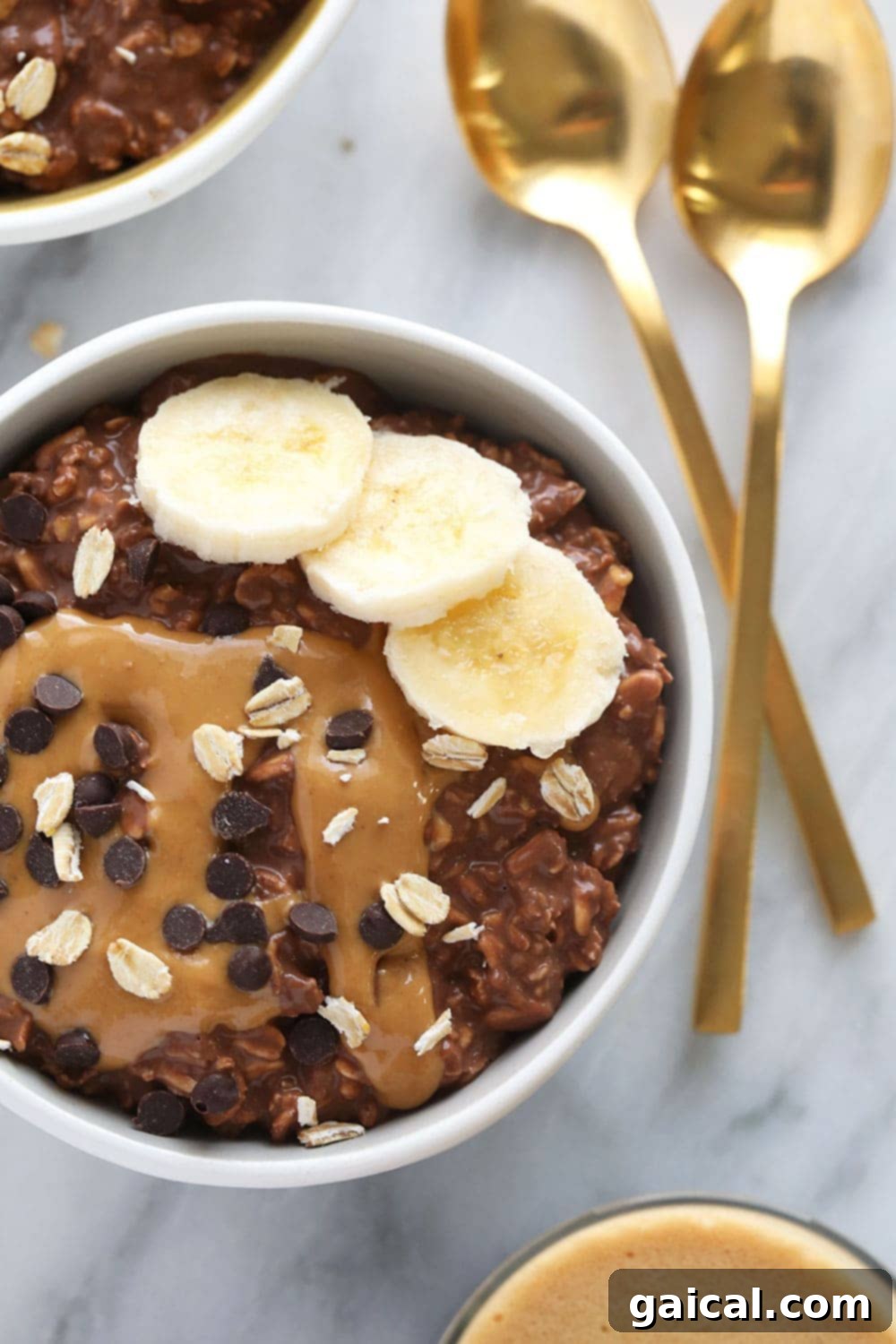 A beautifully topped bowl of Chocolate Peanut Butter Overnight Oats, garnished with fresh fruit and a drizzle of peanut butter.