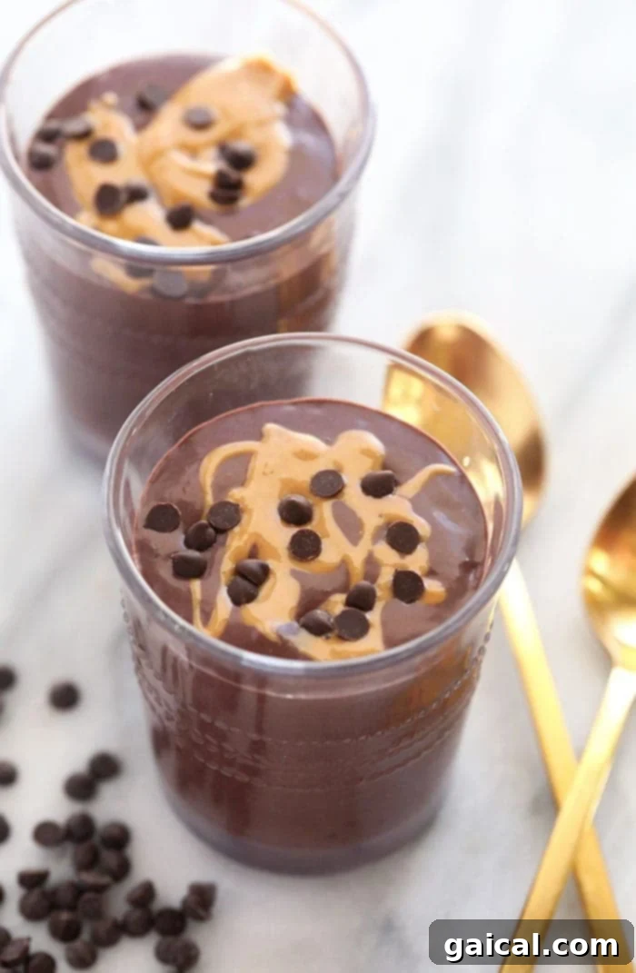 Two tall glasses brimming with creamy, dark chocolate protein shakes, ready to be enjoyed. The shakes are smooth and inviting.