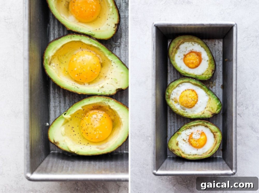 Before and after comparison of avocado eggs baking in the oven, showing the transformation.
