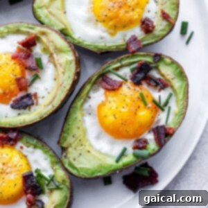 Avocado egg bake topped with bacon and chives