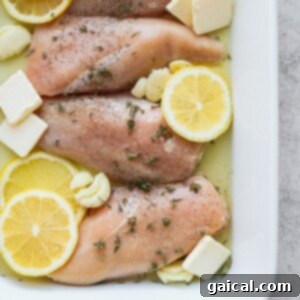 chicken breasts with lemon slices and herbs in a white baking dish.