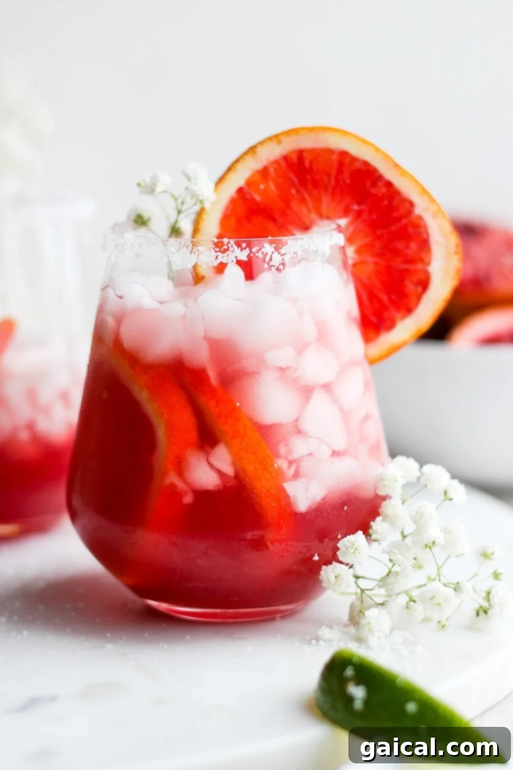 Enjoying a vibrant blood orange margarita, a perfect refreshing drink. Two glasses of Blood Orange Margarita in a festive setting