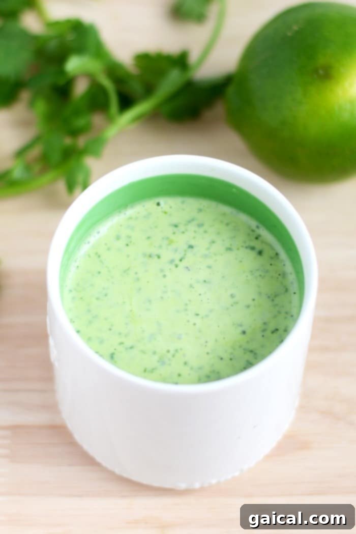 Tex-Mex Quinoa Power Jar 5 Tangy cilantro lime dressing in a small white dish, garnished with fresh cilantro.