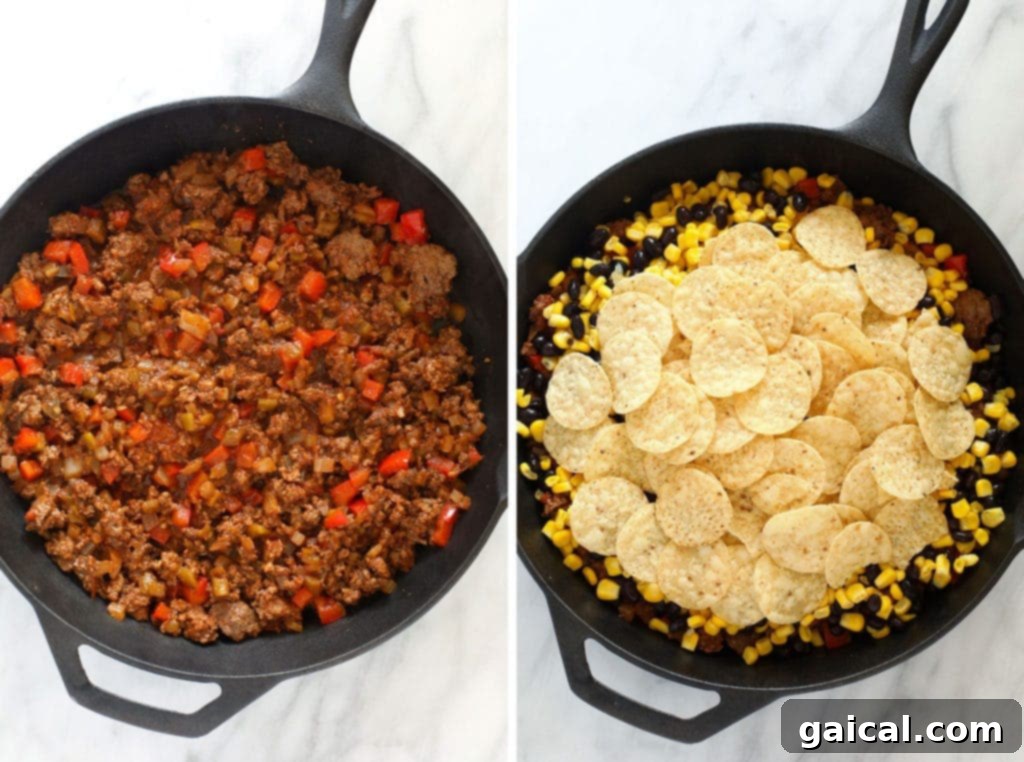 Simple Weeknight Taco Bake 3 All the vibrant ingredients for easy taco casserole arranged in a cast iron skillet before baking.