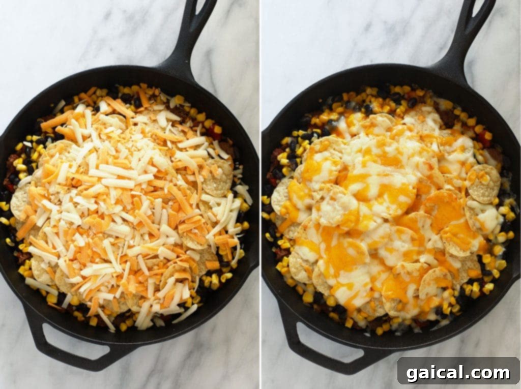 Simple Weeknight Taco Bake 4 Before and after view of easy taco casserole, showing melted cheese.