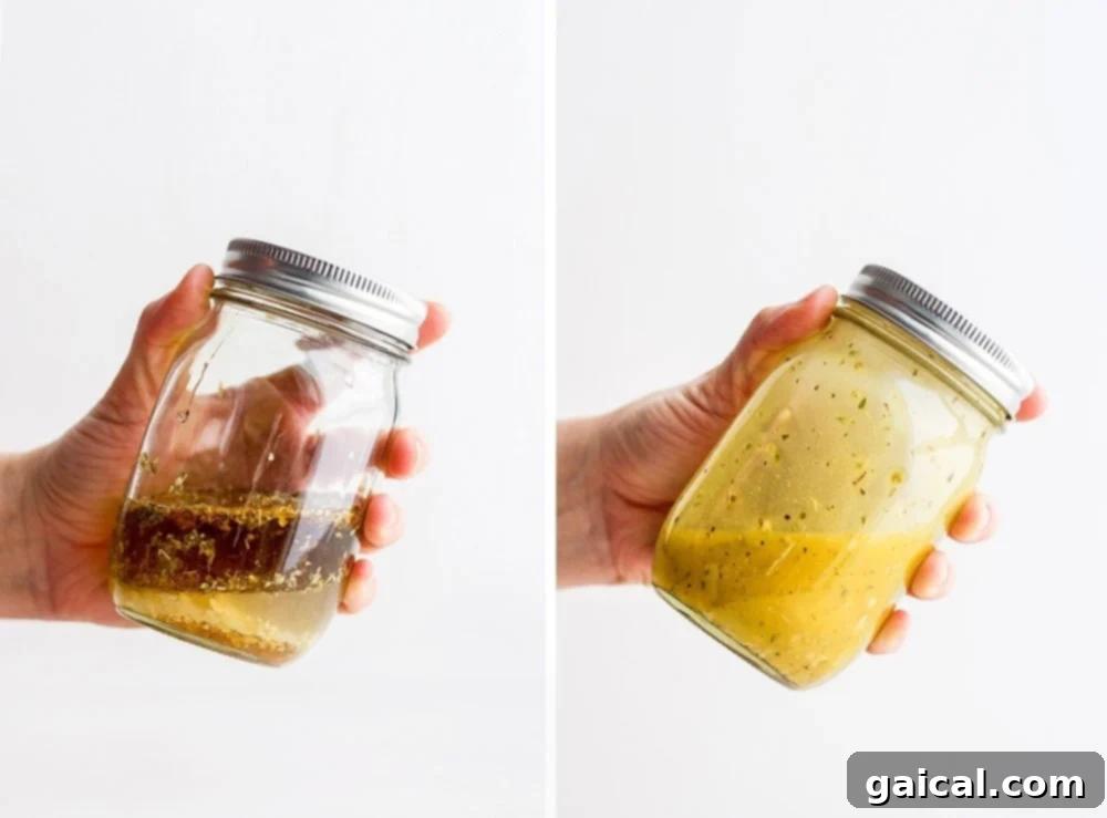 Homemade Greek salad dressing being prepared in a mason jar, illustrating its ease of creation by simply shaking ingredients together.