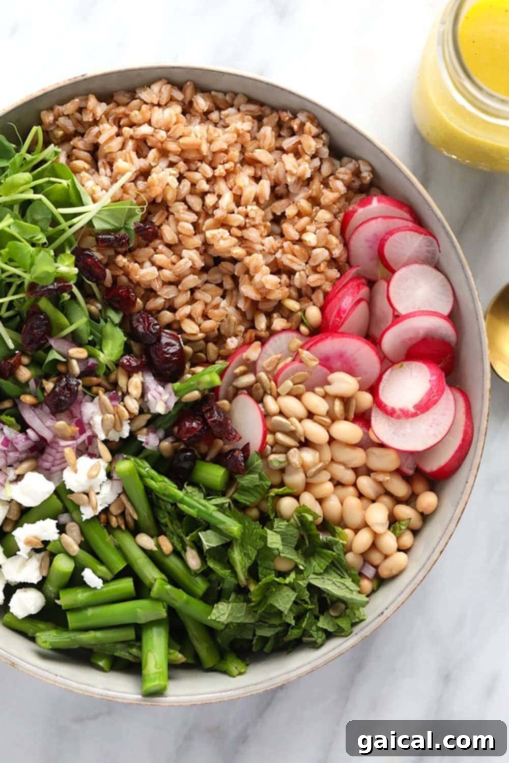 Delicious farro salad in a rustic serving bowl, ready to be enjoyed