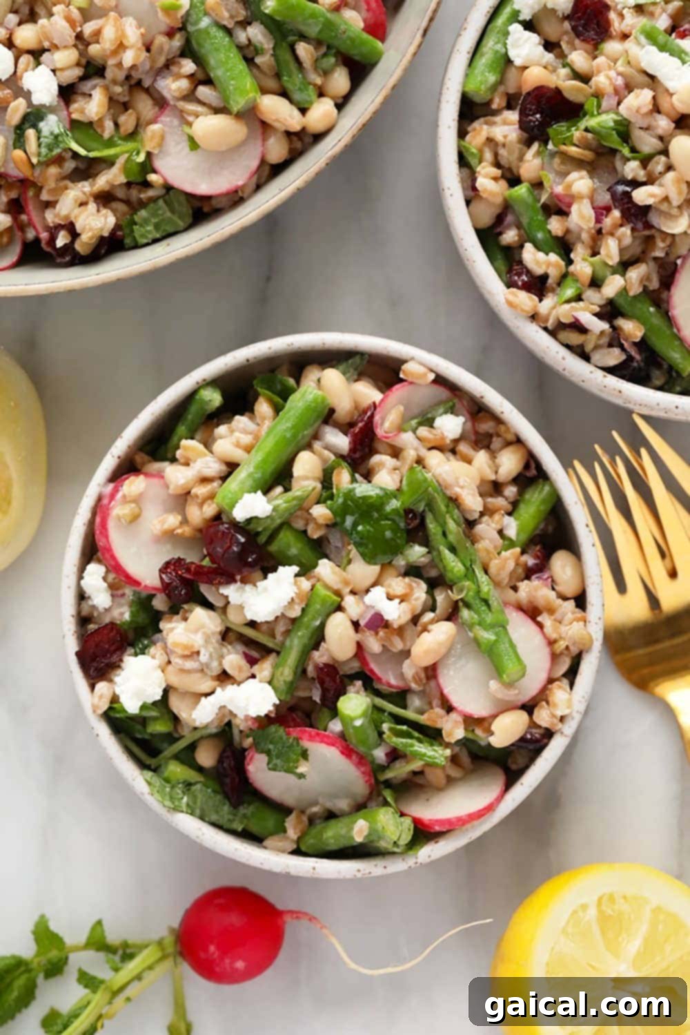 Close-up of a vibrant and healthy farro salad in a bowl