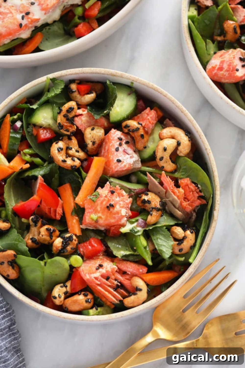 Delicious Thai Salmon Salad artfully arranged in a bowl, ready to be enjoyed
