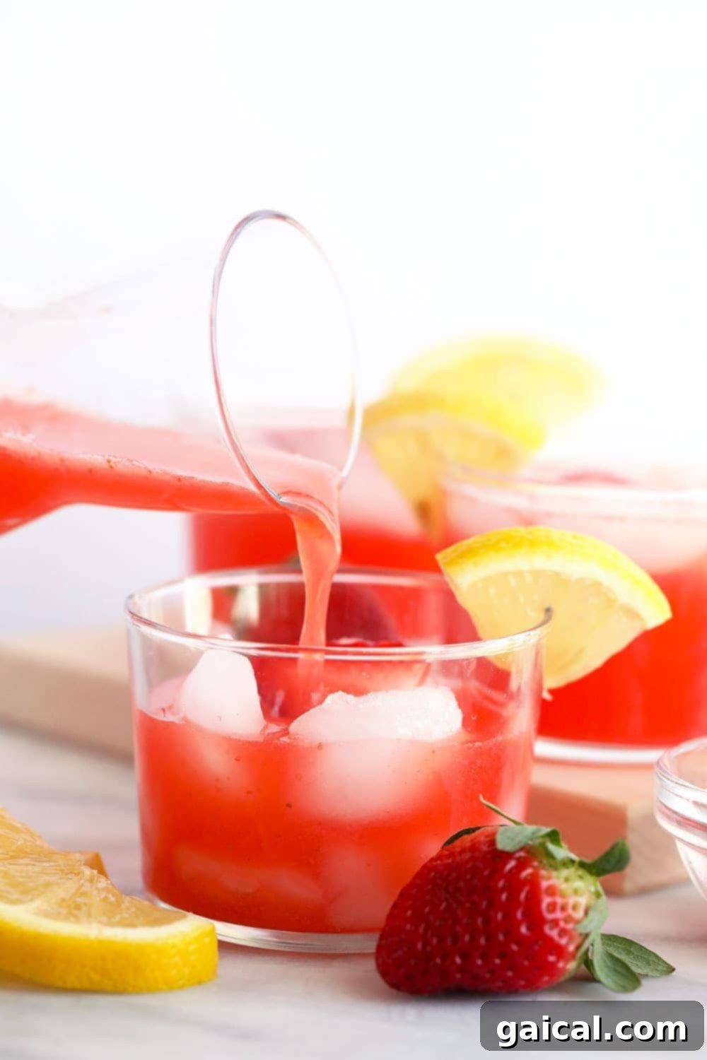 This Strawberry Vodka Lemonade is made with fresh strawberry puree, fresh squeezed lemons and a honey simple syrup, plus vodka, of course! Get ready for your new favorite homemade cocktail. A glass of vibrant strawberry vodka lemonade being poured, showcasing its refreshing appeal.