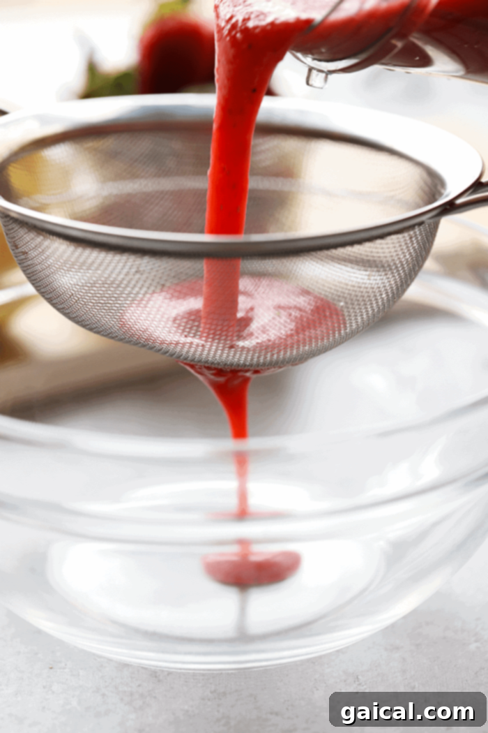 This Strawberry Vodka Lemonade is made with fresh strawberry puree, fresh squeezed lemons and a honey simple syrup, plus vodka, of course! Get ready for your new favorite homemade cocktail. Fresh strawberry puree being carefully strained through a sieve into a glass bowl, ensuring a smooth, seedless consistency for the lemonade.