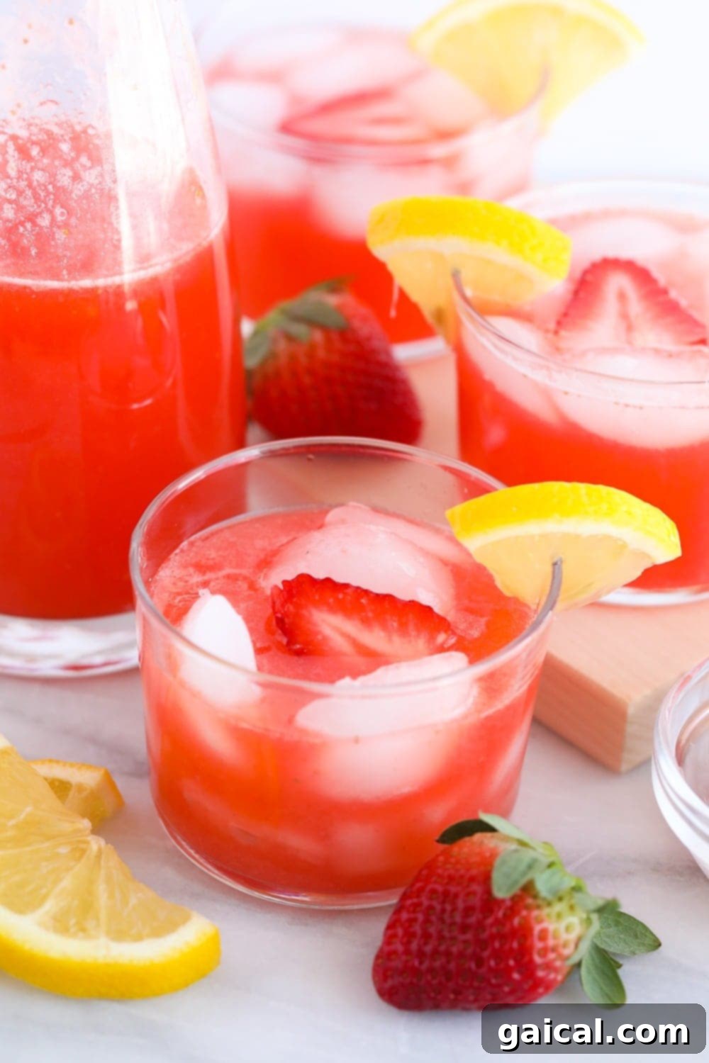 This Strawberry Vodka Lemonade is made with fresh strawberry puree, fresh squeezed lemons and a honey simple syrup, plus vodka, of course! Get ready for your new favorite homemade cocktail. A beautifully presented glass of strawberry vodka lemonade, garnished with fresh fruit, looking absolutely delicious and ready to enjoy.