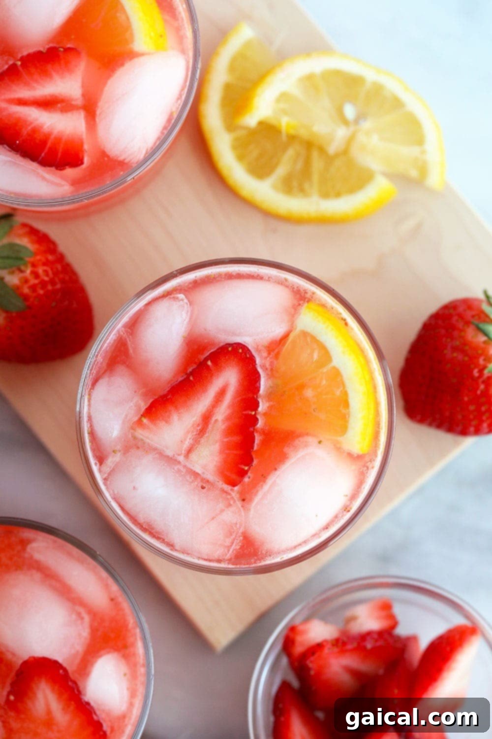 This Strawberry Vodka Lemonade is made with fresh strawberry puree, fresh squeezed lemons and a honey simple syrup, plus vodka, of course! Get ready for your new favorite homemade cocktail. A close-up of strawberry vodka lemonade in a glass, highlighting the rich color and refreshing ice cubes, ready to be enjoyed.