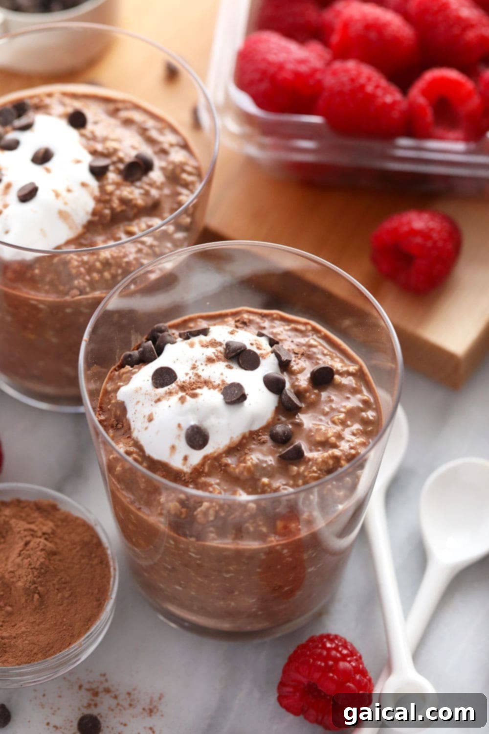 Delicious Quick Mocha Overnight Oats in a glass jar, perfectly layered and ready to be served, garnished with chocolate chips and a hint of cocoa.