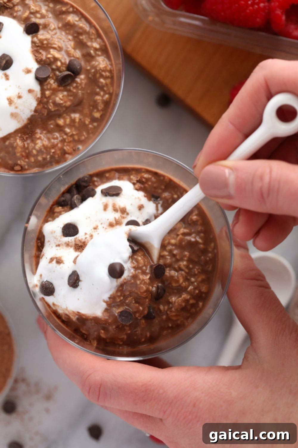 A close-up shot of Quick Mocha Overnight Oats in a rustic bowl, with a spoon partially submerged, ready to be enjoyed.