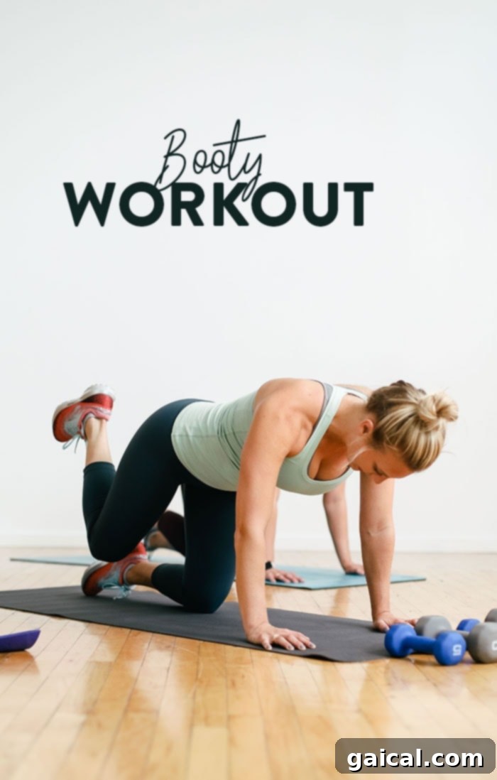Build a Better Booty 2 Workout instructor demonstrating a glute exercise, with text overlay 'Booty Workout'