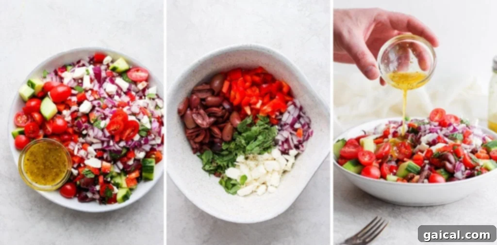 A beautifully presented, fresh Greek salad with crisp vegetables, feta cheese, and olives, glistening with homemade Greek dressing, inviting you to enjoy a taste of the Mediterranean.