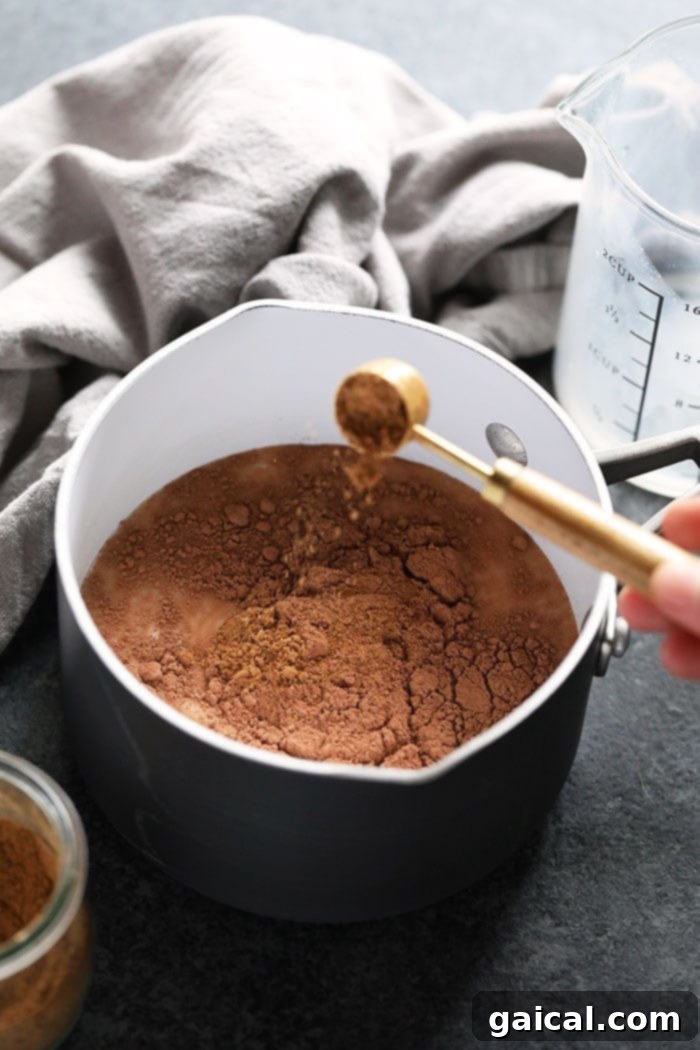 Comforting Vegan Chai Hot Chocolate 4 Wet and dry ingredients for vegan chai hot chocolate ready to be mixed in a saucepan