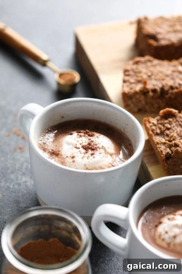 Comforting Vegan Chai Hot Chocolate 6 A beautifully presented mug of vegan chai hot chocolate with toppings