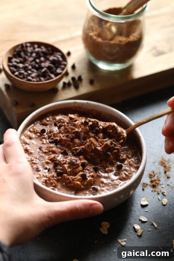 A beautifully presented bowl of chocolate chai vegan overnight oats, garnished and ready for breakfast.