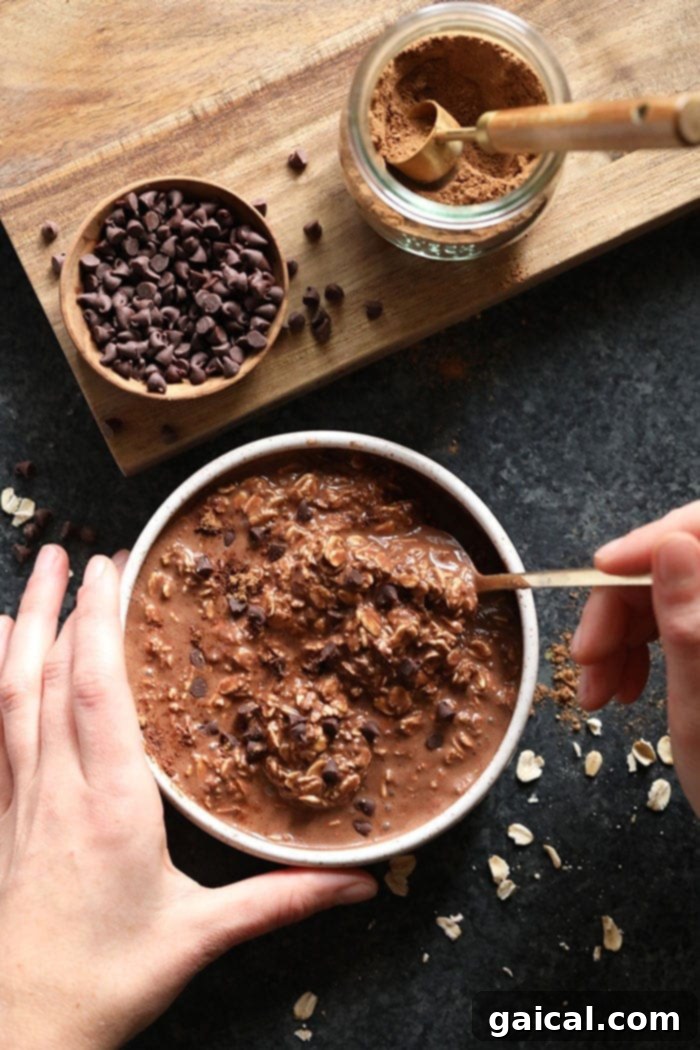 Another appealing shot of chocolate chai vegan overnight oats in a jar, showcasing layers and texture.