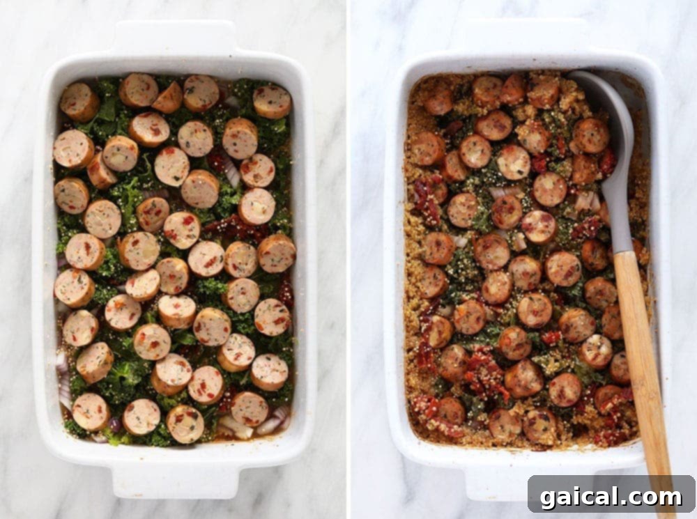 A visual comparison showing the Italian chicken sausage quinoa casserole before and after it has been baked, highlighting the transformation.