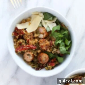 A quinoa casserole with sausage and spinach.