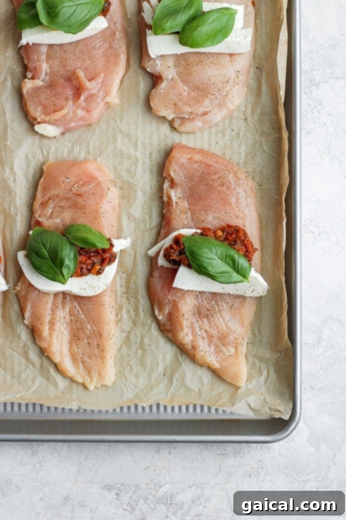 This Caprese Stuffed Chicken Breast recipe features a delicious filling of mozzarella, basil, and sun dried tomatoes! It's an easy recipe that the whole family will love! Caprese stuffed chicken breast with mozzarella, basil, and sun-dried tomatoes on a baking tray.