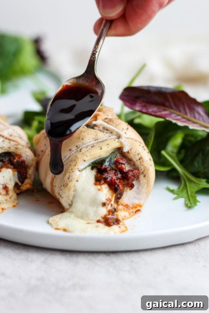 After this stuffed chicken breast recipe is done baking, drizzle it with a balsamic glaze and enjoy! Caprese stuffed chicken breast drizzled with a rich balsamic glaze.
