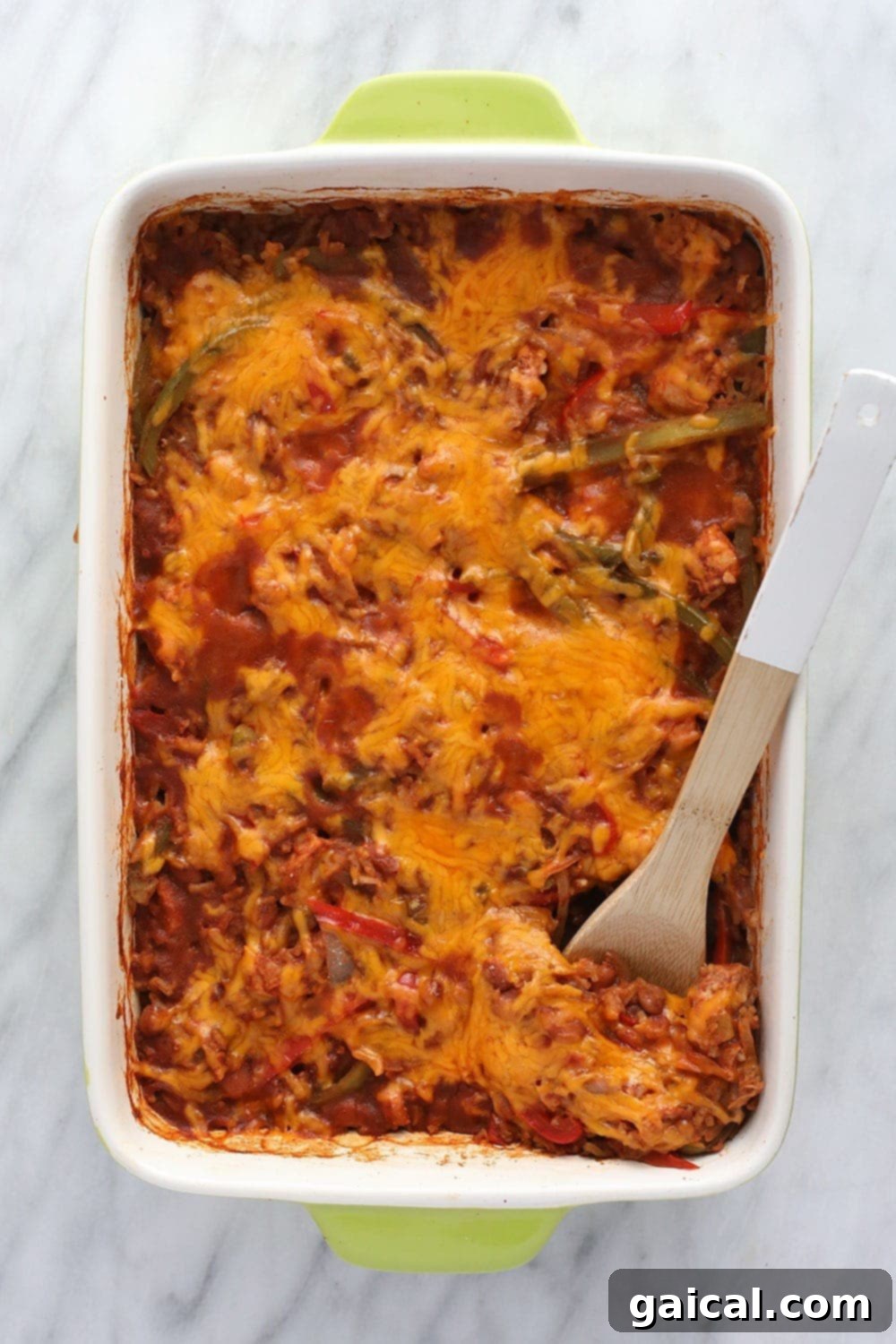 Baked Chicken Burrito Bowl Casserole in a dish, perfectly cooked and ready for serving