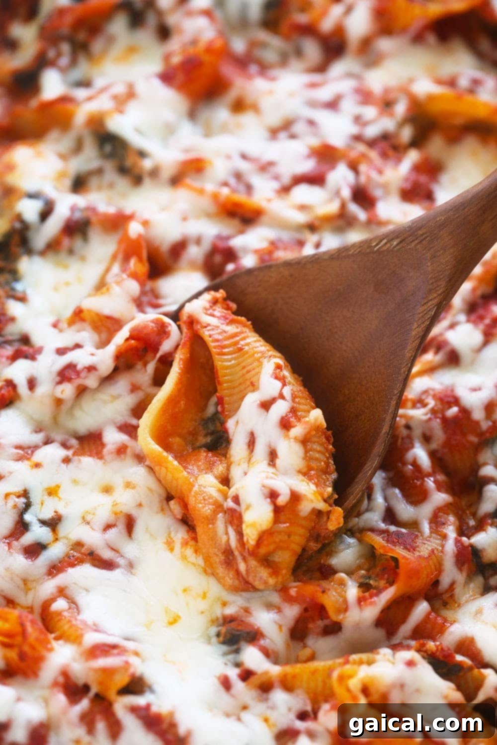 Creamy Sweet Potato, Spinach and Ricotta Stuffed Shells 2 Scooping golden brown stuffed shells out of a casserole pan, showcasing the delicious filling and melted cheese.