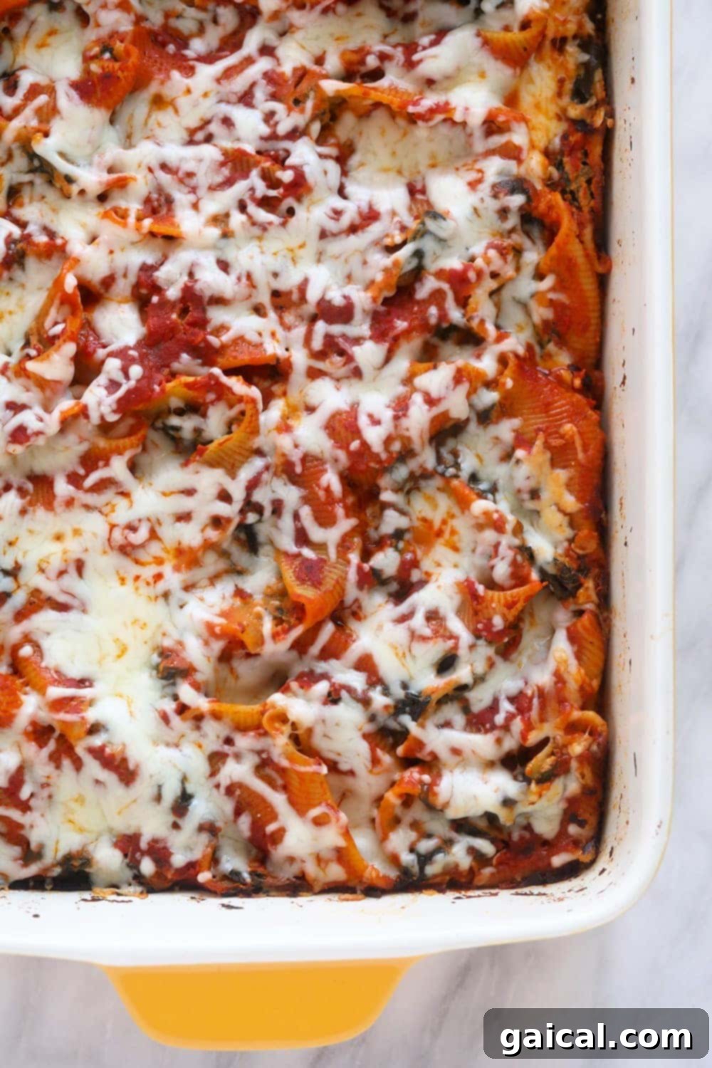 Creamy Sweet Potato, Spinach and Ricotta Stuffed Shells 6 Freshly baked stuffed shells in a casserole dish, topped with melted mozzarella cheese.