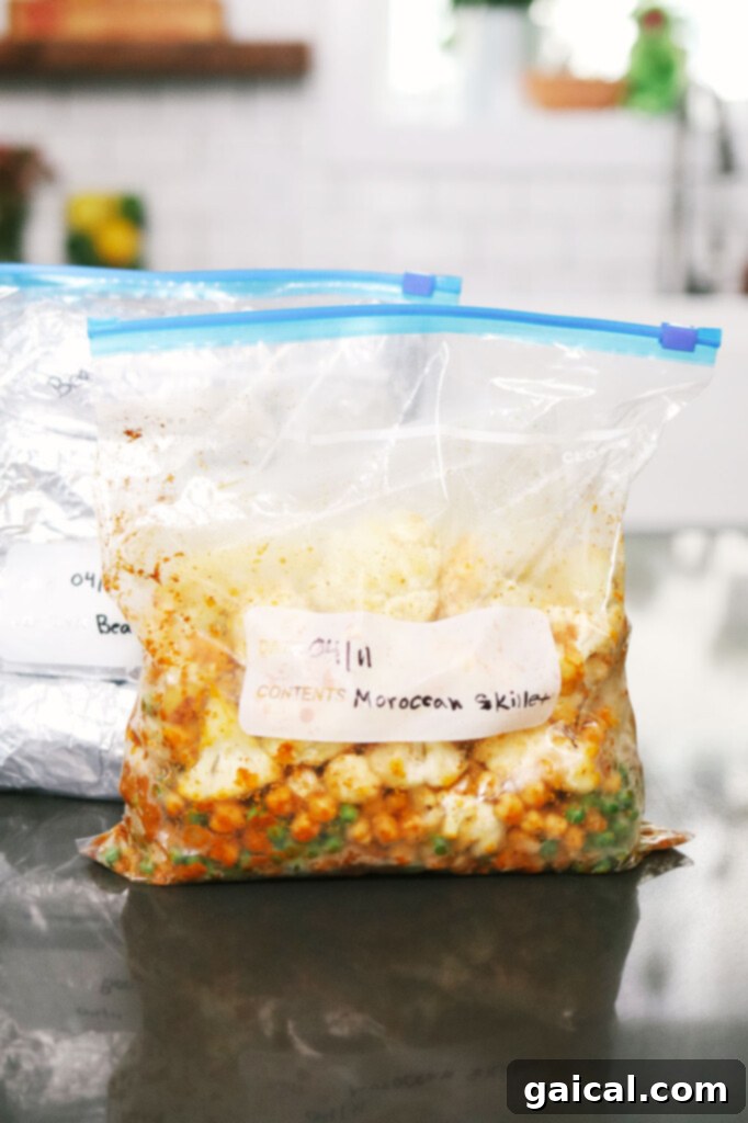 Two freezer bags filled with vegetarian ingredients ready for future cooking.