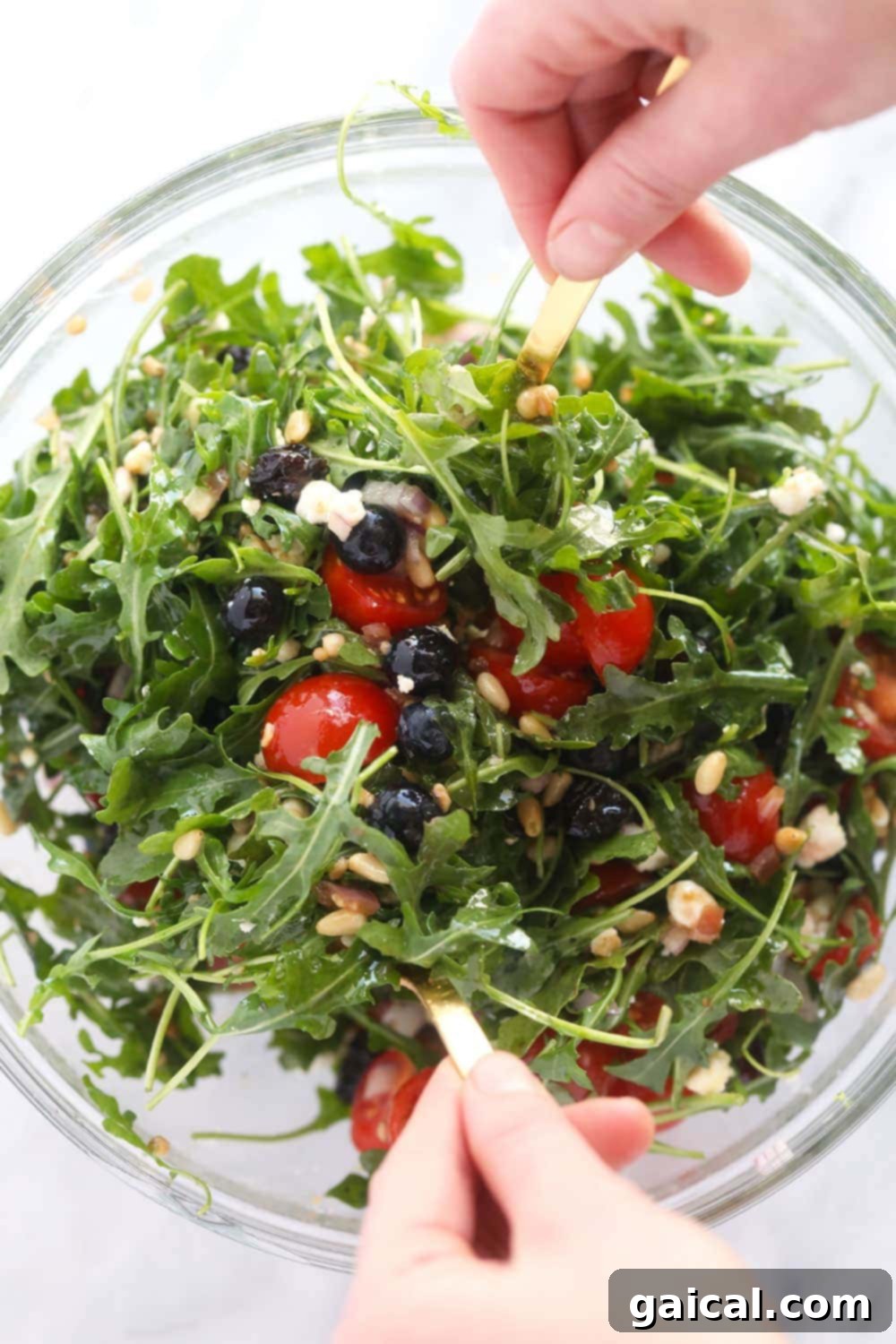 This arugula salad has dried fruit, vegetables, cheese, and a delicious dressing! It is the best arugula salad out there. It is perfect for a meal prep lunch or a great addition to any dinner! A small, elegantly plated bowl of arugula salad, showcasing its fresh ingredients and vibrant colors, perfect for a single serving or as a refined side dish.