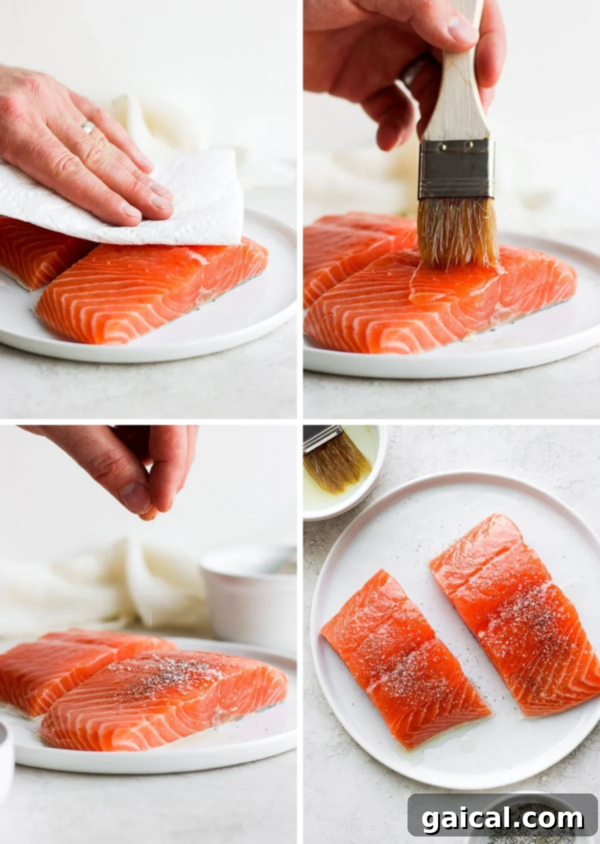 Raw salmon fillets arranged on a plate, meticulously brushed with olive oil and seasoned generously with coarse salt and freshly ground black pepper, ready for grilling.