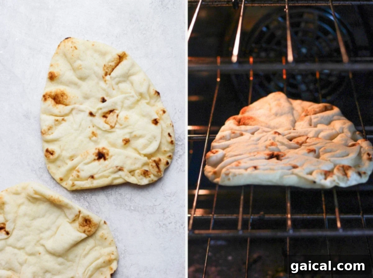 Naan Breakfast Bake 3 Naan bread being pre-baked in the oven for a crispy crust.
