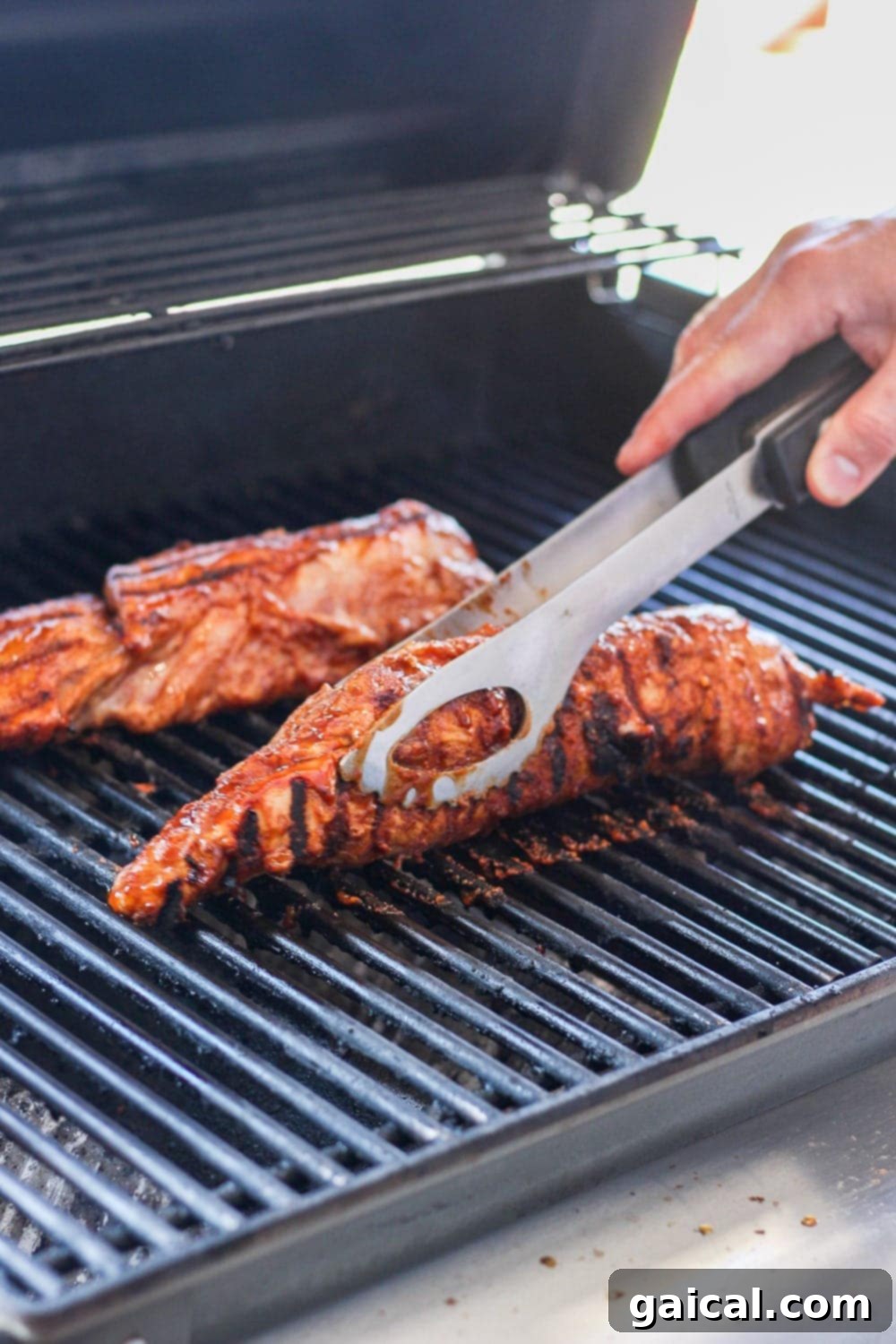 Pork Tenderloins Grilling to Perfection Two perfectly grilled pork tenderloins with distinct char marks on a barbecue grill.